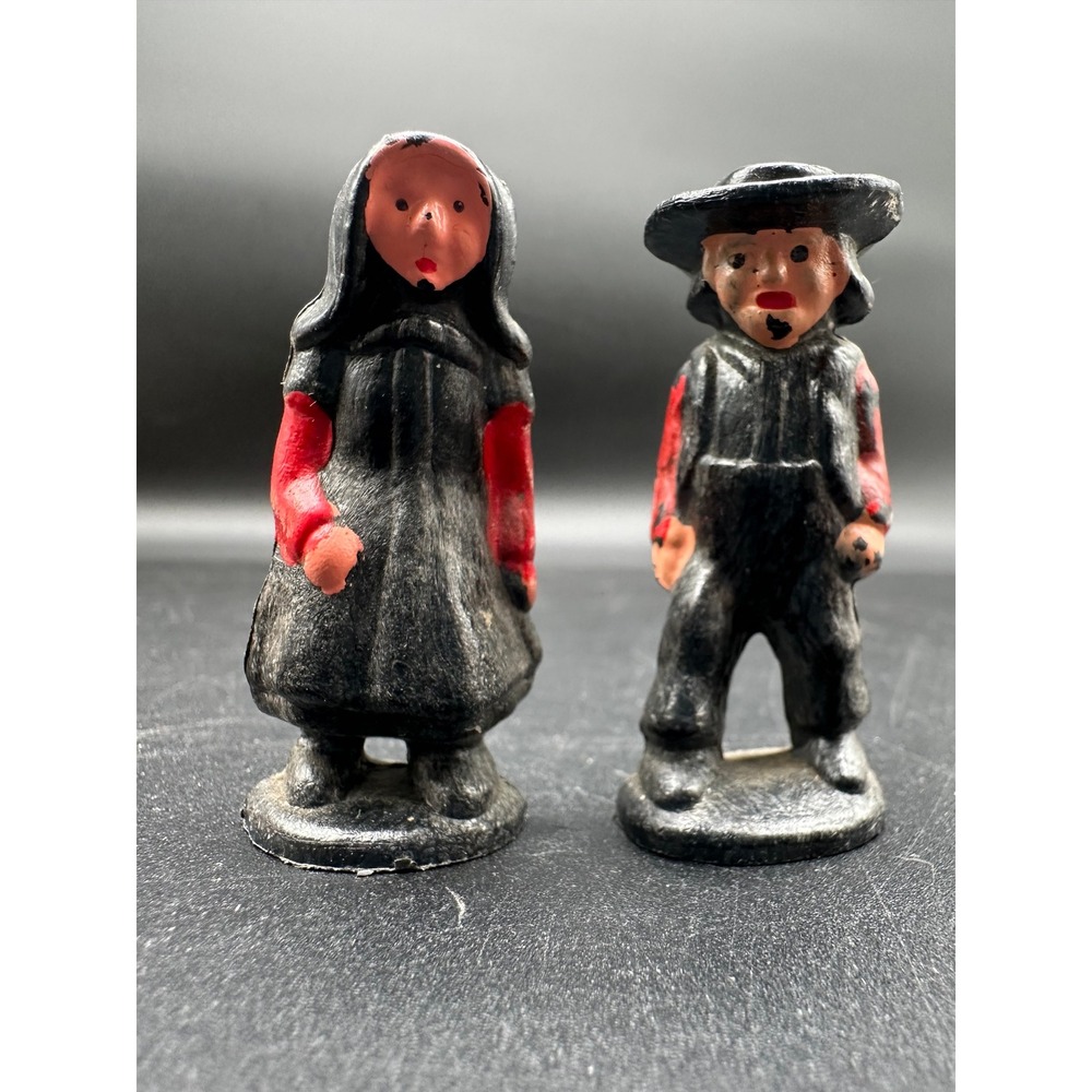 Vintage Plastic Amish Man Woman Figurine‎ Pair Black Clothing Hand Painted